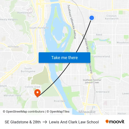 SE Gladstone & 28th to Lewis And Clark Law School map