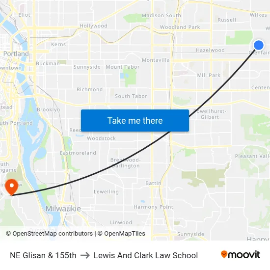 NE Glisan & 155th to Lewis And Clark Law School map
