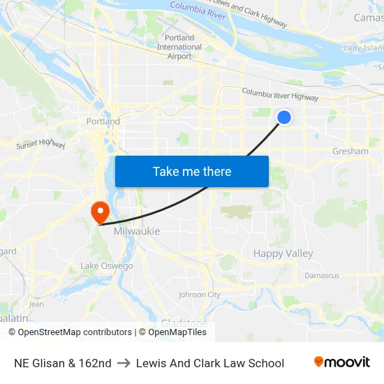 NE Glisan & 162nd to Lewis And Clark Law School map