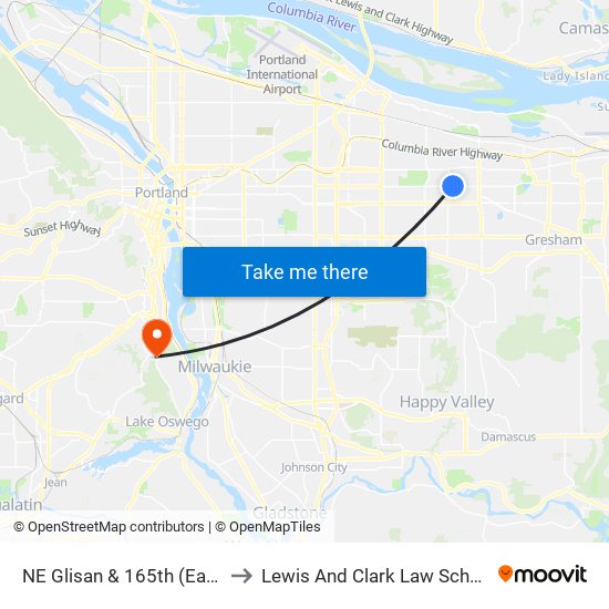 NE Glisan & 165th (East) to Lewis And Clark Law School map