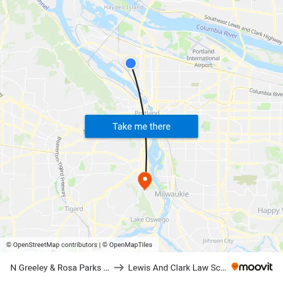 N Greeley & Rosa Parks Way to Lewis And Clark Law School map