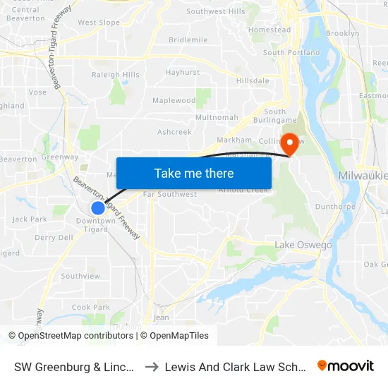 SW Greenburg & Lincoln to Lewis And Clark Law School map