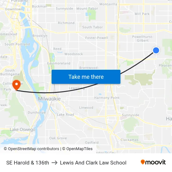 SE Harold & 136th to Lewis And Clark Law School map