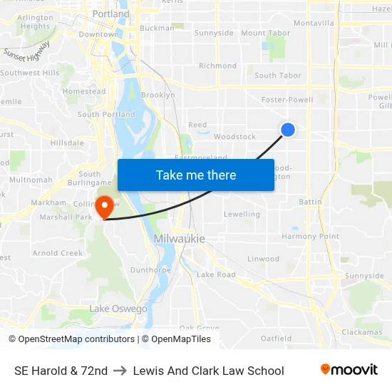 SE Harold & 72nd to Lewis And Clark Law School map