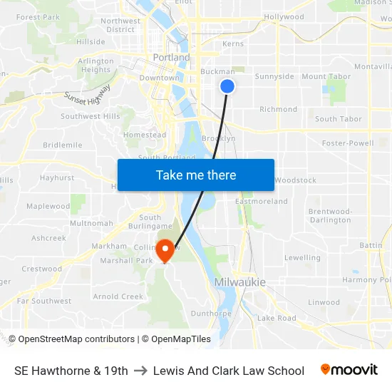 SE Hawthorne & 19th to Lewis And Clark Law School map