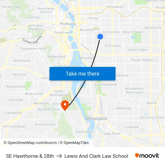 SE Hawthorne & 28th to Lewis And Clark Law School map