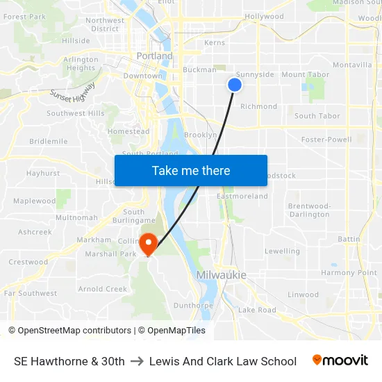 SE Hawthorne & 30th to Lewis And Clark Law School map