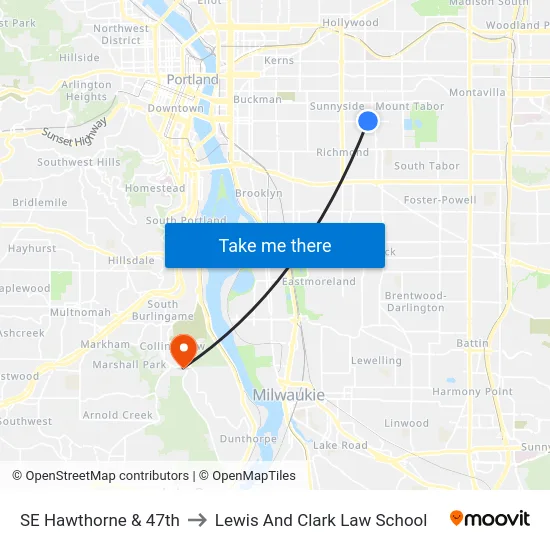 SE Hawthorne & 47th to Lewis And Clark Law School map