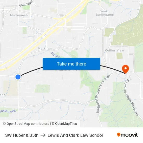 SW Huber & 35th to Lewis And Clark Law School map