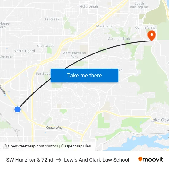SW Hunziker & 72nd to Lewis And Clark Law School map
