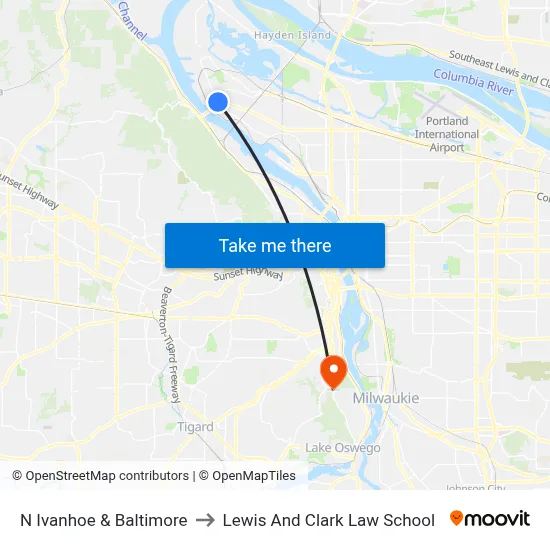 N Ivanhoe & Baltimore to Lewis And Clark Law School map