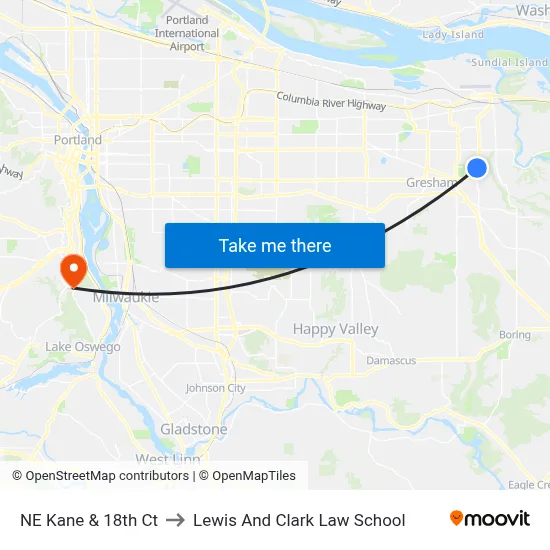 NE Kane & 18th Ct to Lewis And Clark Law School map