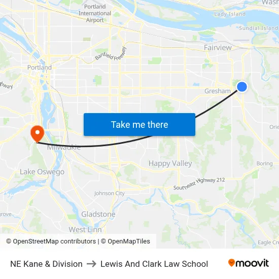 NE Kane & Division to Lewis And Clark Law School map