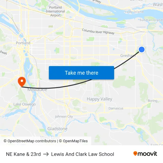NE Kane & 23rd to Lewis And Clark Law School map