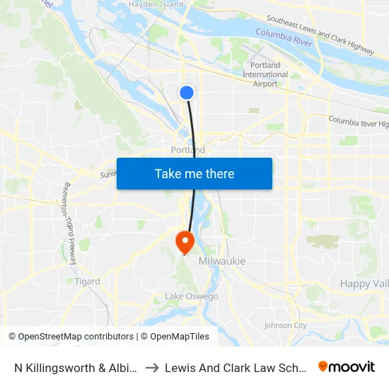 N Killingsworth & Albina to Lewis And Clark Law School map