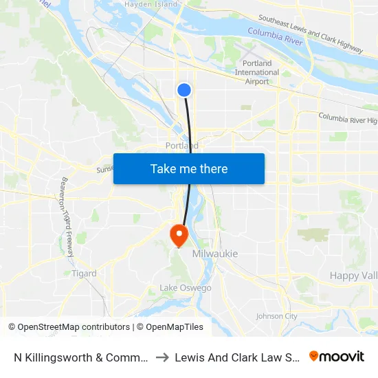 N Killingsworth & Commercial to Lewis And Clark Law School map