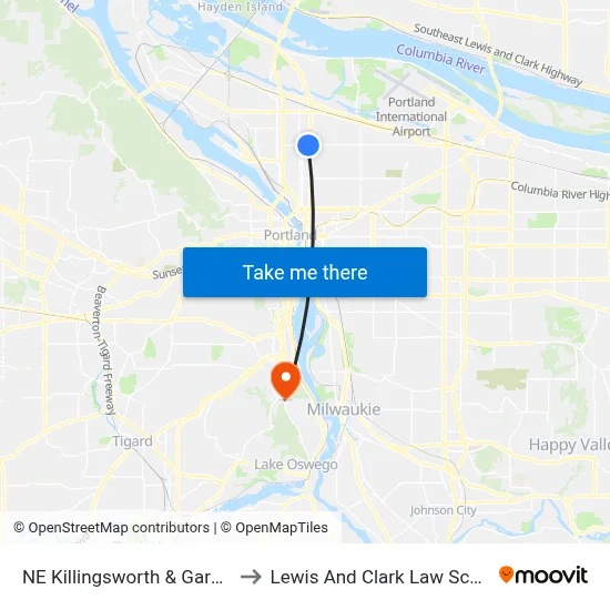 NE Killingsworth & Garfield to Lewis And Clark Law School map
