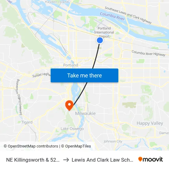 NE Killingsworth & 52nd to Lewis And Clark Law School map