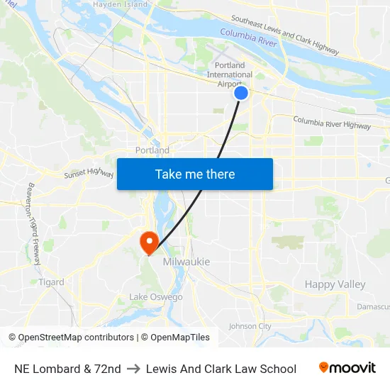 NE Lombard & 72nd to Lewis And Clark Law School map