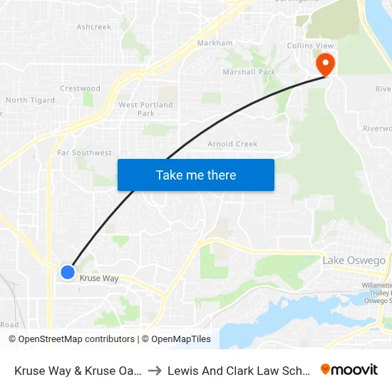 Kruse Way & Kruse Oaks to Lewis And Clark Law School map
