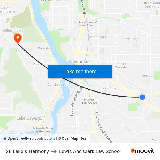 SE Lake & Harmony to Lewis And Clark Law School map