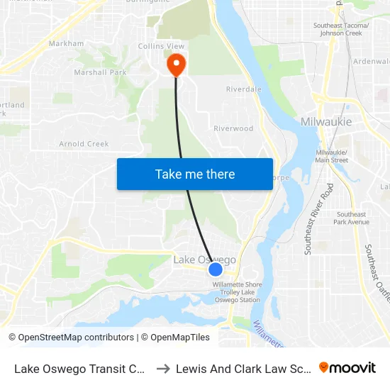 Lake Oswego Transit Center to Lewis And Clark Law School map