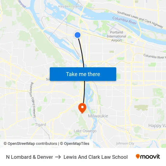 N Lombard & Denver to Lewis And Clark Law School map