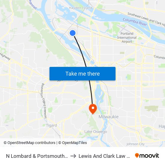 N Lombard & Portsmouth (East) to Lewis And Clark Law School map