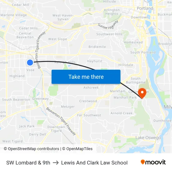 SW Lombard & 9th to Lewis And Clark Law School map
