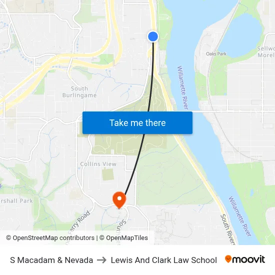 S Macadam & Nevada to Lewis And Clark Law School map