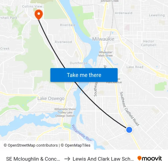 SE Mcloughlin & Concord to Lewis And Clark Law School map