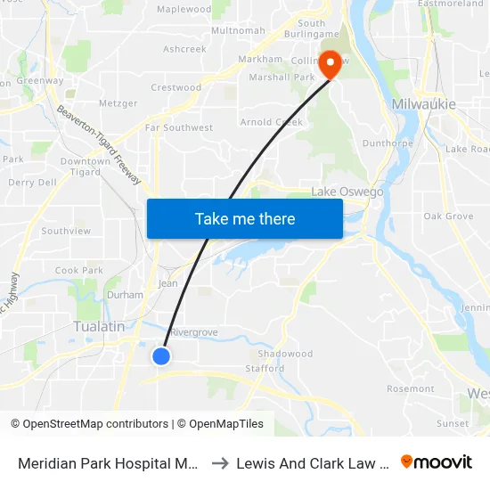 Meridian Park Hospital Main Stop to Lewis And Clark Law School map