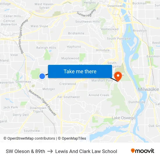 SW Oleson & 89th to Lewis And Clark Law School map