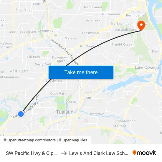 SW Pacific Hwy & Cipole to Lewis And Clark Law School map