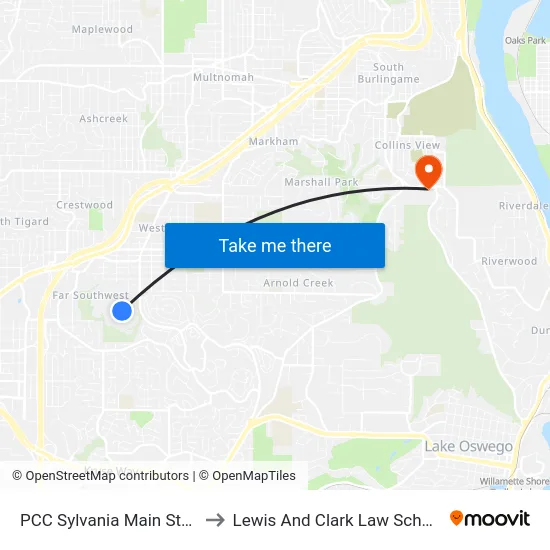 PCC Sylvania Main Stop to Lewis And Clark Law School map