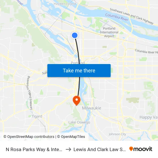 N Rosa Parks Way & Interstate to Lewis And Clark Law School map