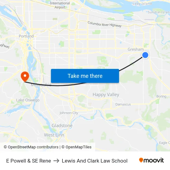 E Powell & SE Rene to Lewis And Clark Law School map