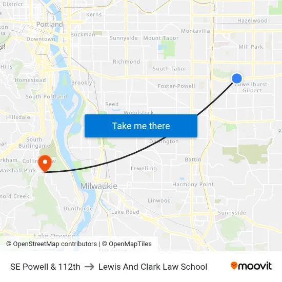 SE Powell & 112th to Lewis And Clark Law School map
