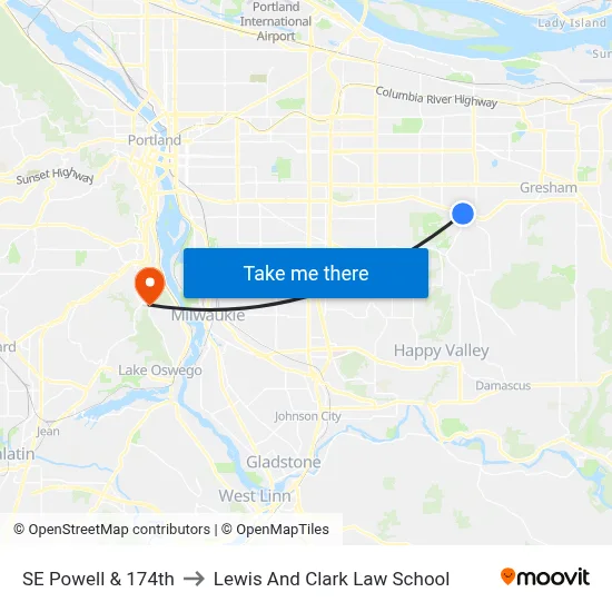 SE Powell & 174th to Lewis And Clark Law School map