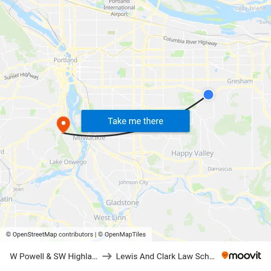 W Powell & SW Highland to Lewis And Clark Law School map