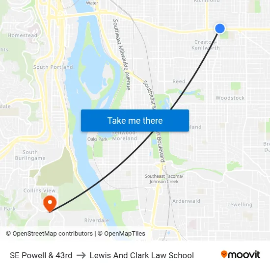 SE Powell & 43rd to Lewis And Clark Law School map