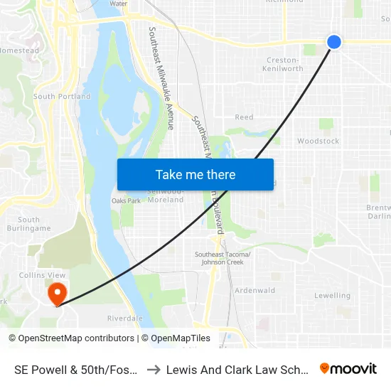 SE Powell & 50th/Foster to Lewis And Clark Law School map