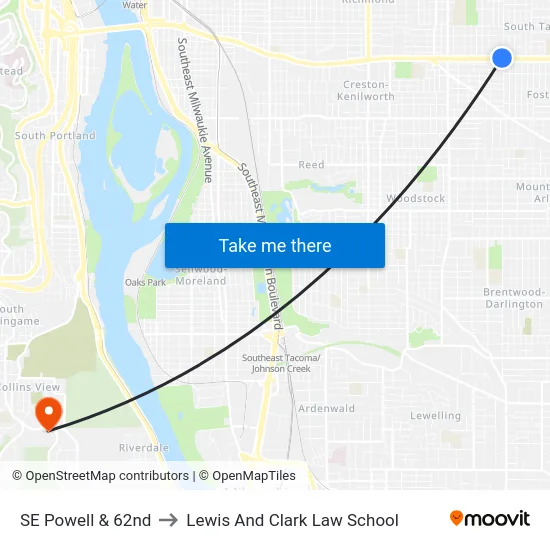 SE Powell & 62nd to Lewis And Clark Law School map