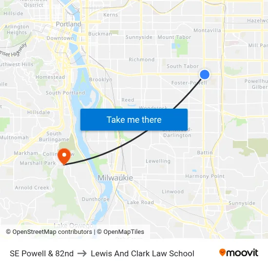 SE Powell & 82nd to Lewis And Clark Law School map