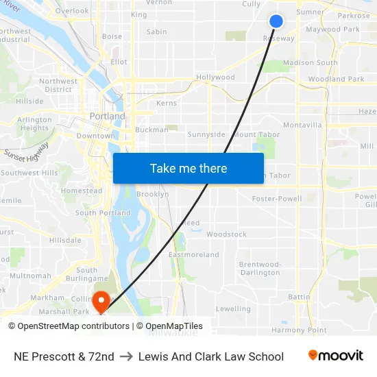 NE Prescott & 72nd to Lewis And Clark Law School map