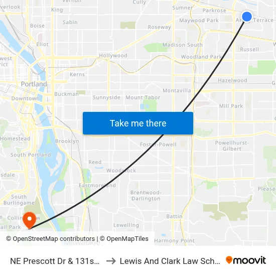 NE Prescott Dr & 131st Pl to Lewis And Clark Law School map