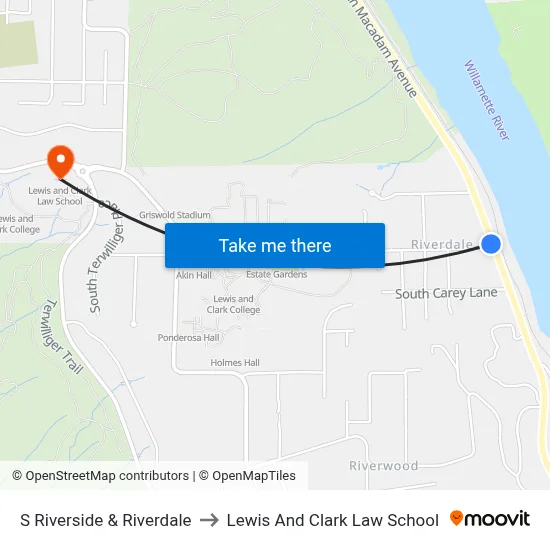 S Riverside & Riverdale to Lewis And Clark Law School map