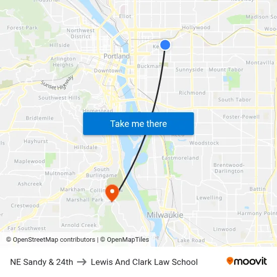 NE Sandy & 24th to Lewis And Clark Law School map