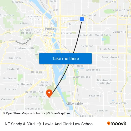 NE Sandy & 33rd to Lewis And Clark Law School map