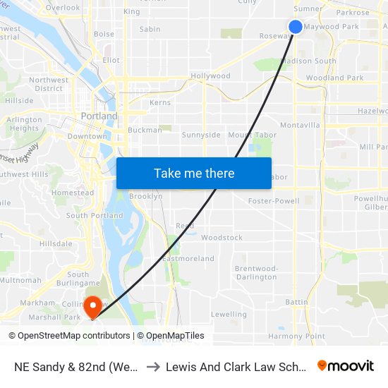 NE Sandy & 82nd (West) to Lewis And Clark Law School map